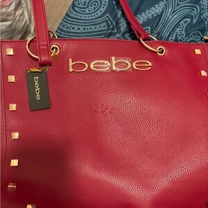 Bebe Bold Red Tote with Gold Accents